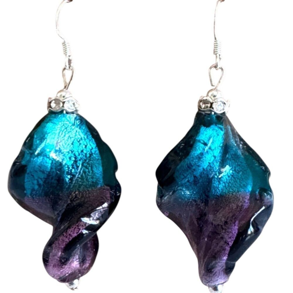 Indio Jewelry Purple & Blue Twist Murano .925 Sterling Earrings #344
